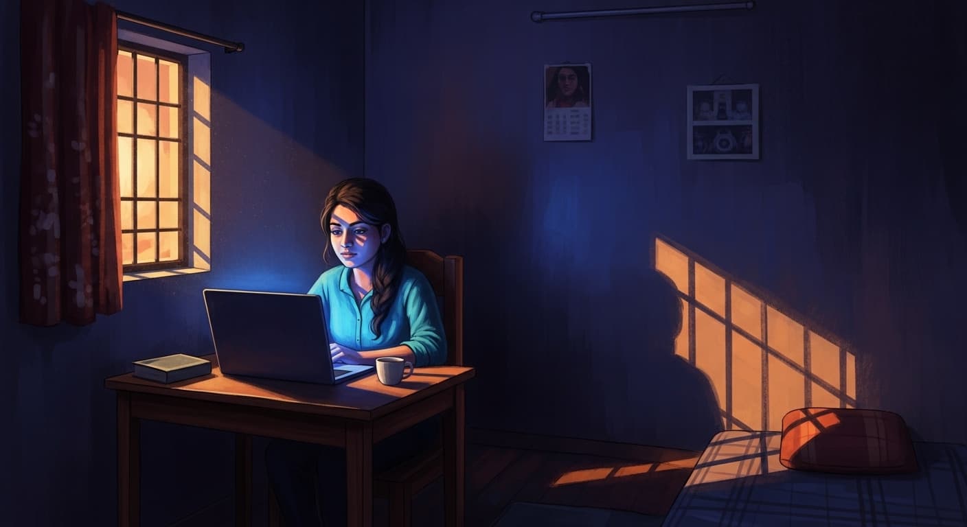 A young Indian woman at a small desk in a sparse PG room, working at a laptop in dawn light.