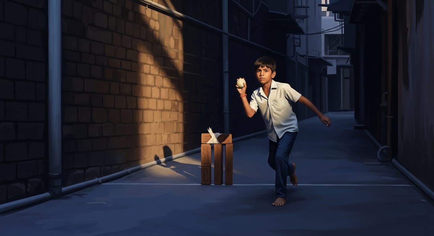 A young boy bowling alone in a Mumbai gully at first light, three bricks for a wicket.