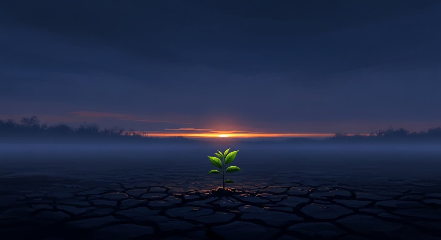 A green sapling pushing up through cracked earth at dawn.