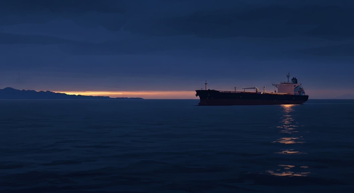 An oil tanker at first light on a calm sea, the Indian coast a distant silhouette.