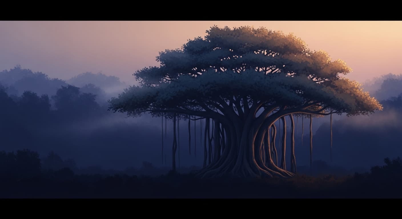 An ancient banyan tree alone in a misty forest clearing at dawn, amber light on its canopy.