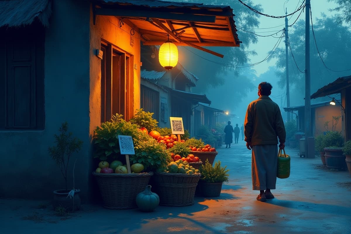A vegetable stall at dawn with a QR-code payment sign among the produce.