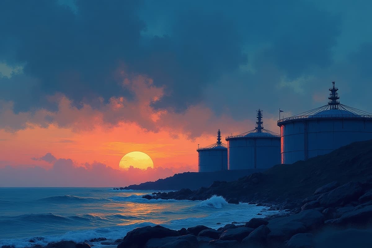 Oil storage tanks at a coastal Indian refinery at dawn, amber light on the steel.