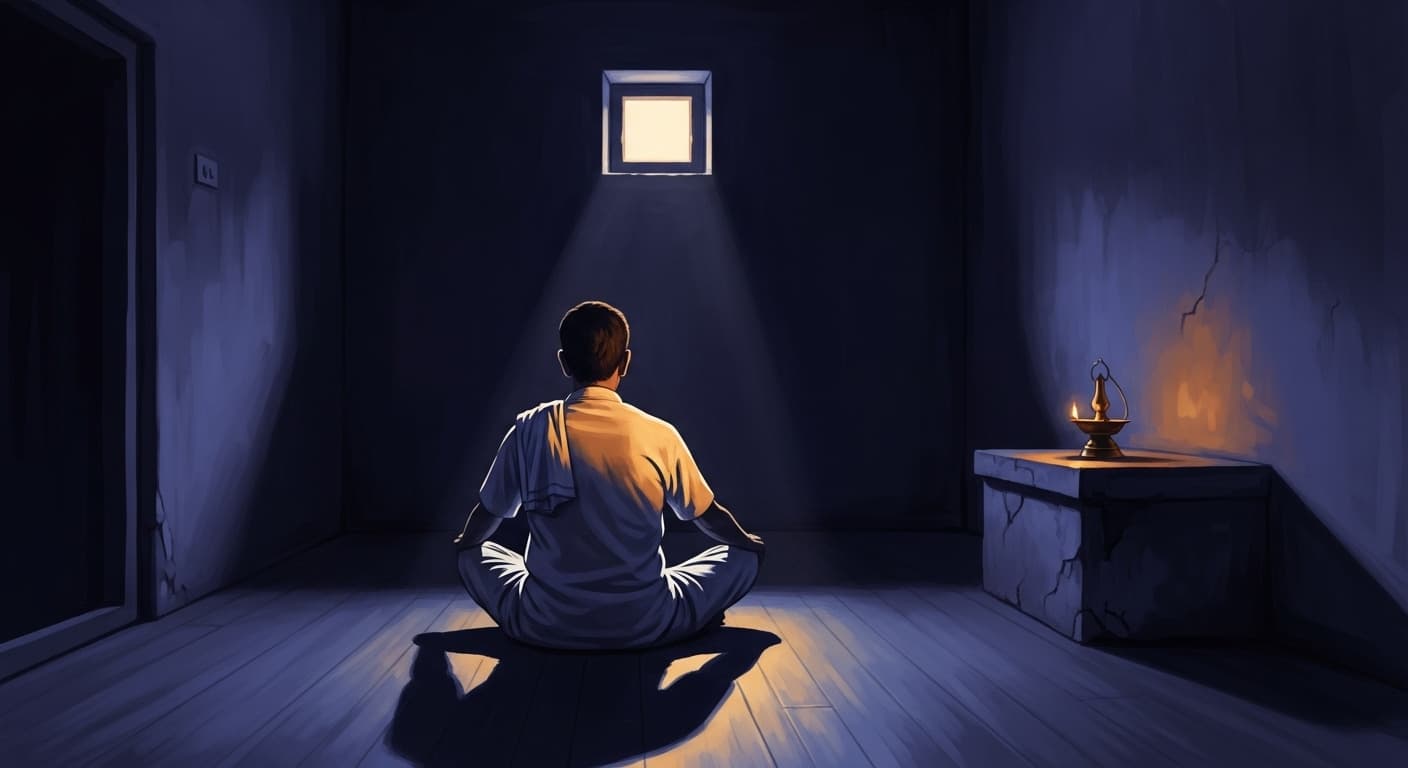 A solitary figure seated in meditation in a sparse room at dawn, brass oil lamp on a low shelf.